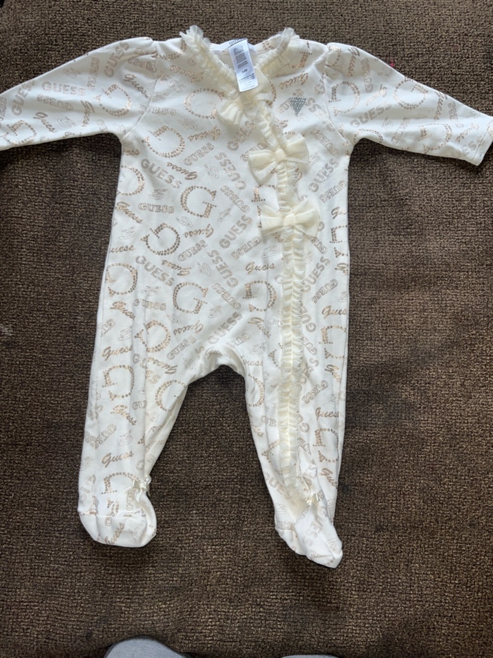 Guess Cream and Gold Logo Ruffle Footed One-Piece